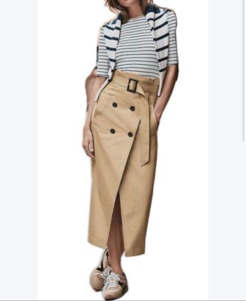 LOFT Tan Trench Coat Button Front Midi Skirt Size 4 New